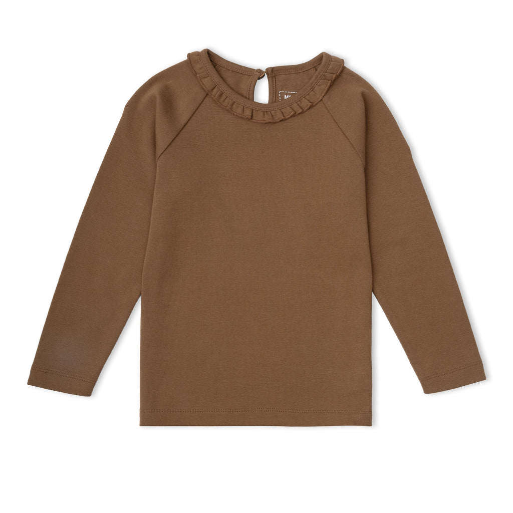 Organic Cotton Ruffle Neck Top - Brown