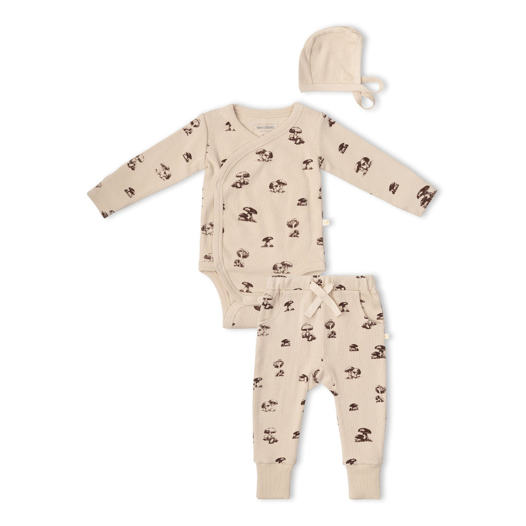Organic Cotton Kimono Onesie & Pants Set - Mushroom