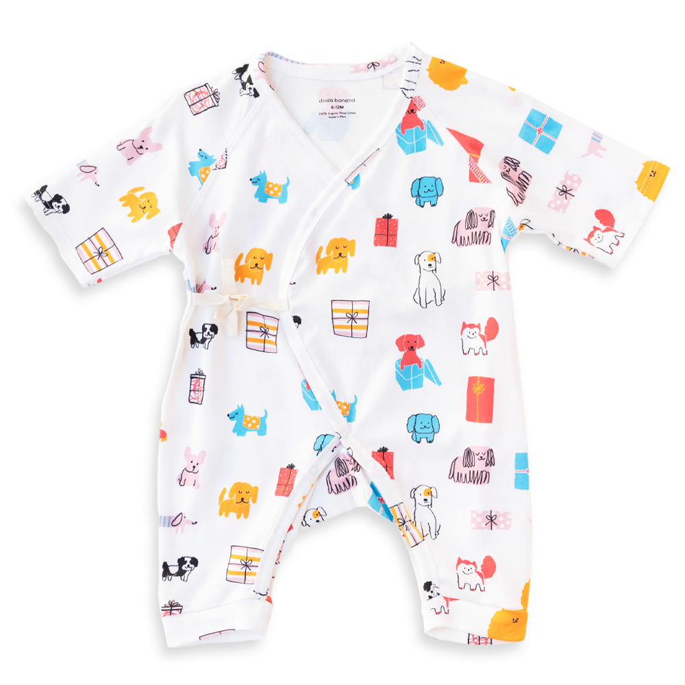 Organic Cotton Kimono Onesie - Puppy Party